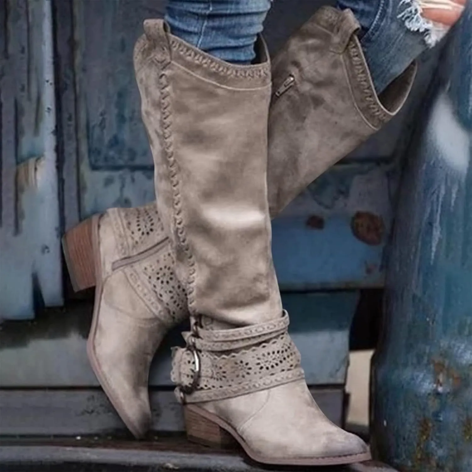Gibobby Cowboy Boots for Women Sunflowers Embroidery Boots Retro Square Toe Pull On Boots Chunky Heel Western Mid Calf Shoes 52