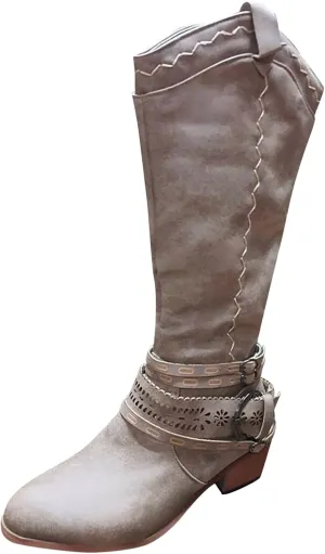 Gibobby Cowboy Boots for Women Sunflowers Embroidery Boots Retro Square Toe Pull On Boots Chunky Heel Western Mid Calf Shoes 52