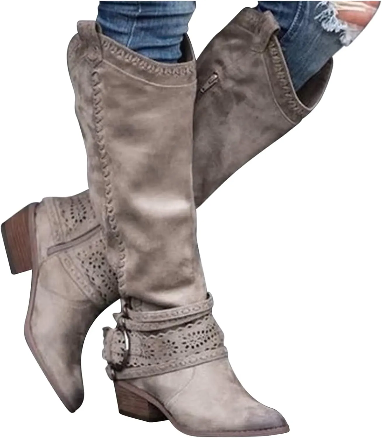 Gibobby Cowboy Boots for Women Sunflowers Embroidery Boots Retro Square Toe Pull On Boots Chunky Heel Western Mid Calf Shoes 52