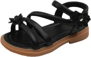 Girl Sandals Strappy Gladiator Comfort Summer Rubber Sole Shoes with Sun Flower Cute Toddler Sandals Brown