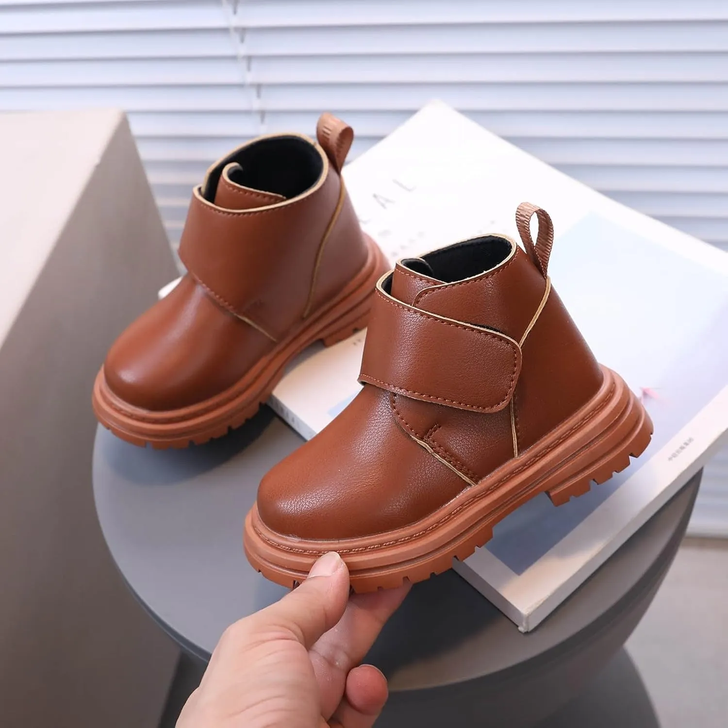 Girl's Ankle Riding Boots Faux Leather Short Booties Warm Outdoor Hiking Boots,Comfortable Water- Slip on Boots,Toddler Non Slip Texture Soft Durable Walking Boot Sole Baby Hook and Loop Boots