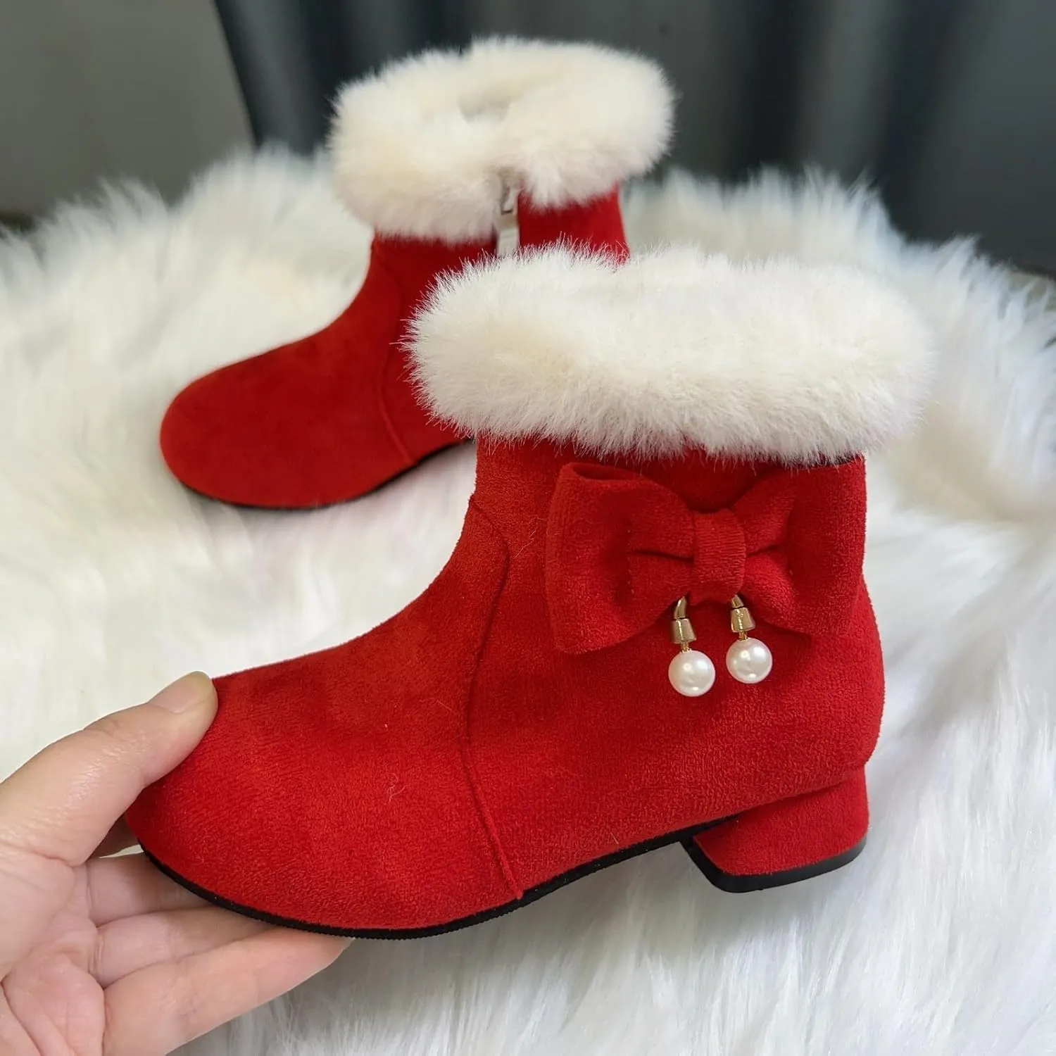 Girls Low Heel Snow Boots Faux Fr Anti Slip Mid Calf Warm Padded Ankle Boots Winter Outdoor Fashion Fuzzy Shoes