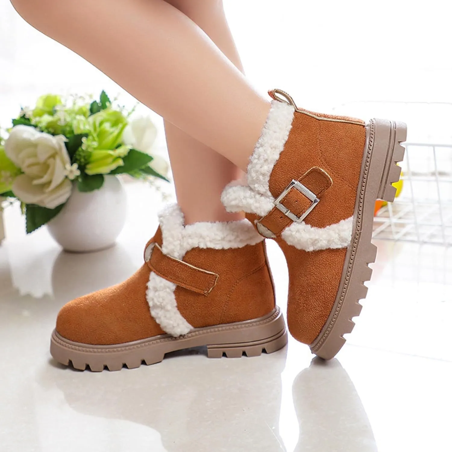Girls Winter Boots Ankle Booties for Little Kids Suede Warm Fur Lining Comfortable Mini Cotton Platform Non Slip