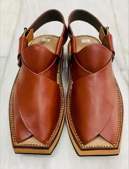 Handmade Traditional Brown Men's Leather Sandals, Peshawari Chappal, Comfortable Leather Footwear, Wedding Shoes