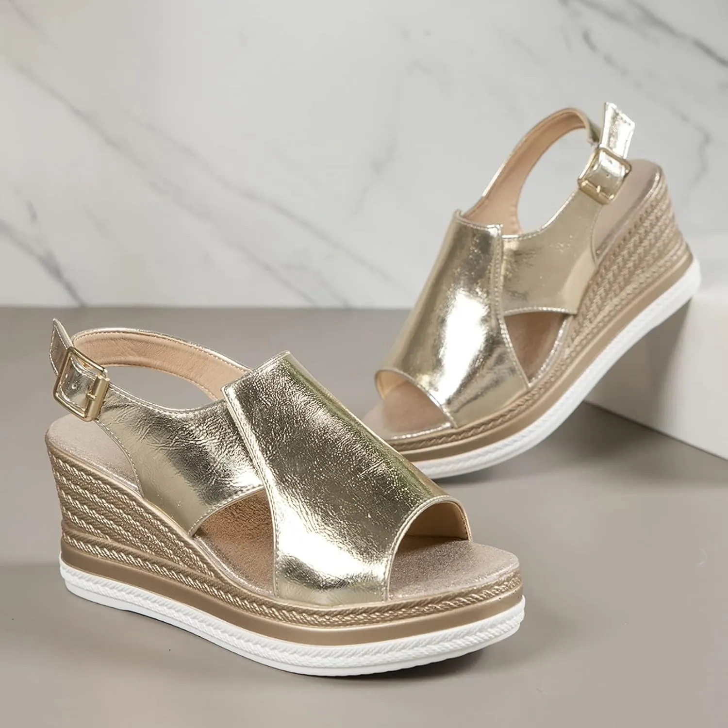 HINDOLA Women's Wedge Sandals Platform Open Toe Sandal Comfortable Beach Shoes Ankle Strap Casual Summer Platform Dressy Sandals