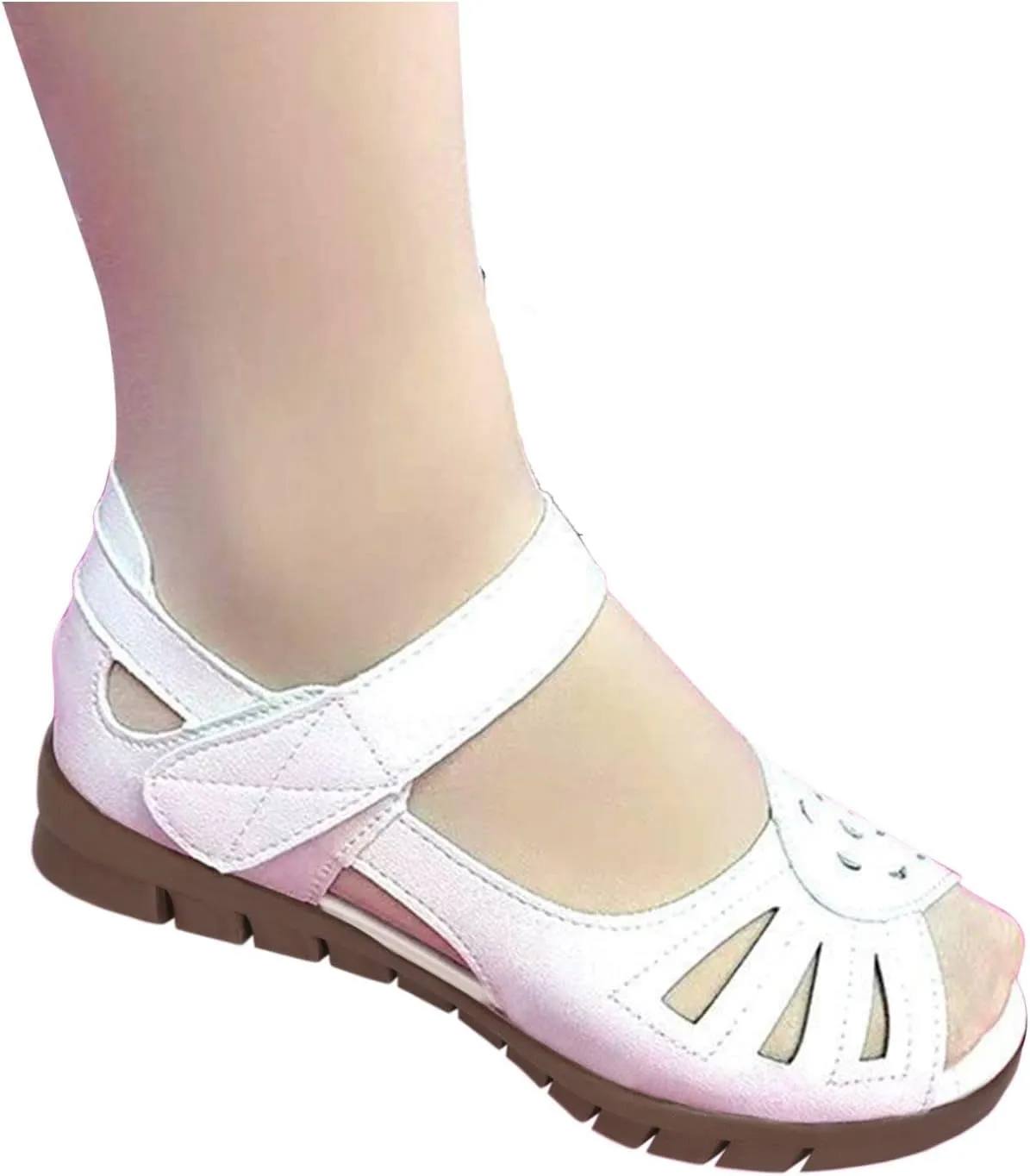 hlysgo Anti-slip Vintage Soft Mom Shoes, Hook-and-loop Wide Width Comfortable Open Toe Casual Loafers Slides