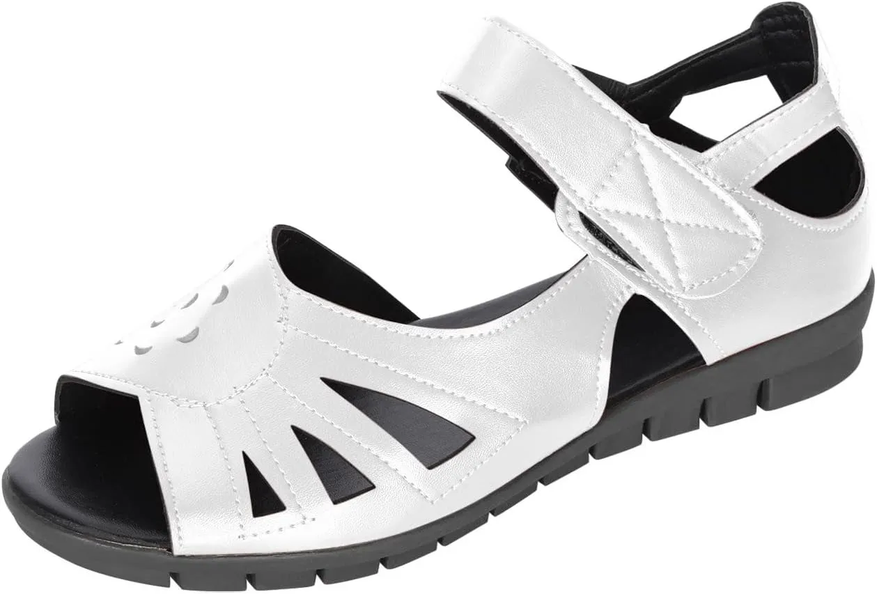 hlysgo Anti-slip Vintage Soft Mom Shoes, Hook-and-loop Wide Width Comfortable Open Toe Casual Loafers Slides