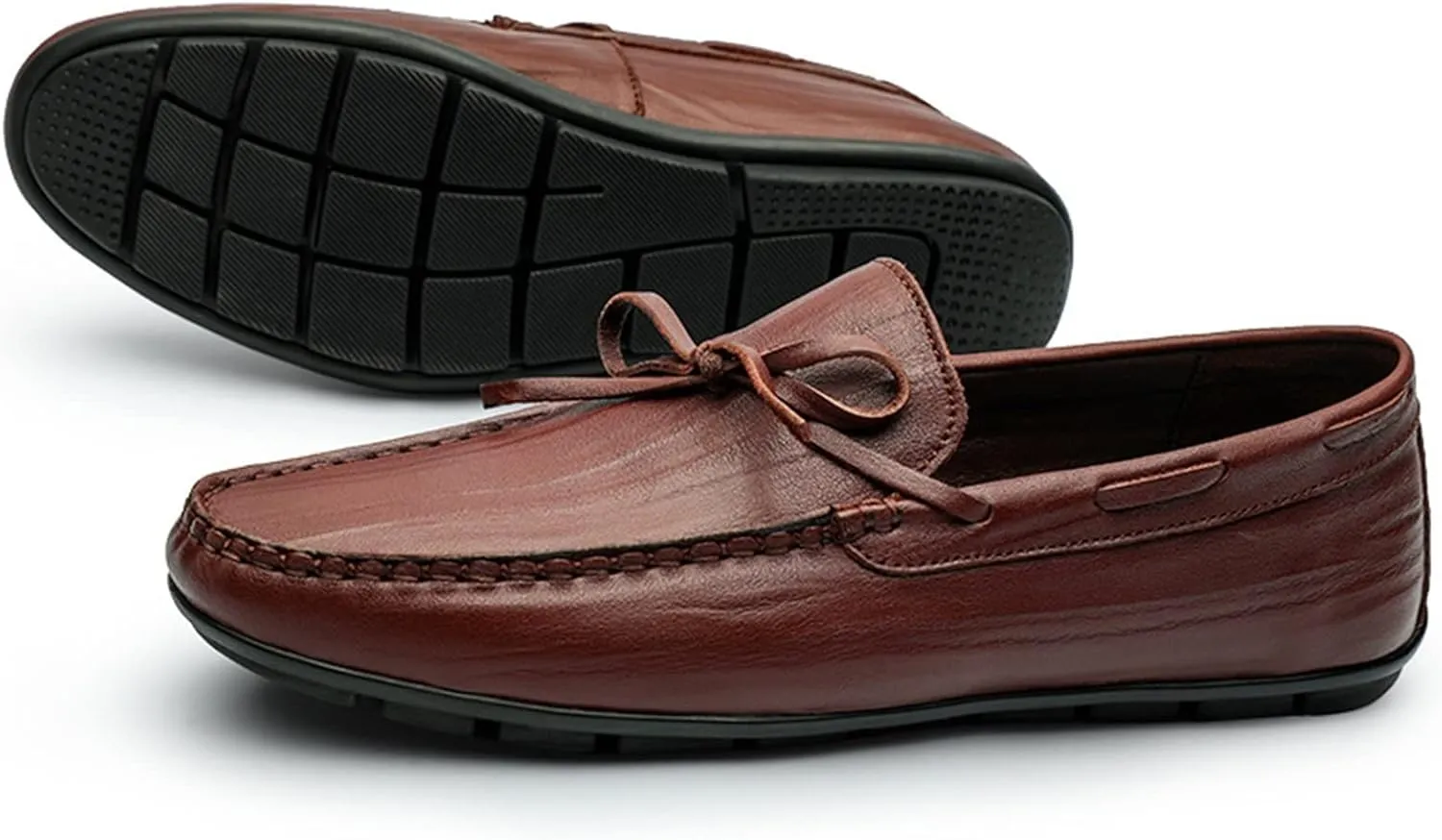 HOOENG Driving Moccasins for Men Pin Grain Genuine Leather Deck Shoes Design Round Toe Bow 1-Eye Resistant Soft Comfortable Driving Slip on