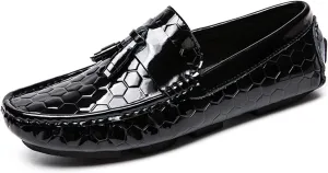 HOOENG Driving Moccasins Smoking Loafer for Men Genuine Leather Round Toe Tassel Patent Leather Hexagon Embossed Comfortable Resistant Flat Heel Soft Casual (Color : Black, Size : 8.5)