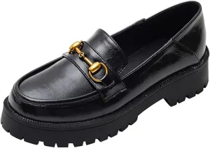 JOEupin Women's Chunky Heel Loafers Platform Patent Leather Chunky Loafers Leather Shoes with Metal