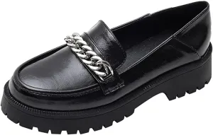 JOEupin Women's Chunky Heel Loafers Platform Patent Leather Chunky Loafers Leather Shoes with Metal