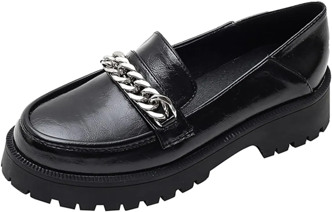 JOEupin Women's Chunky Heel Loafers Platform Patent Leather Chunky Loafers Leather Shoes with Metal