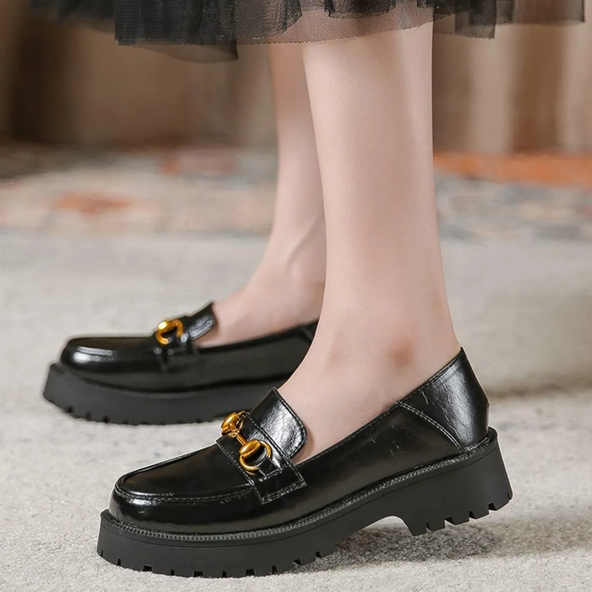 JOEupin Women's Chunky Heel Loafers Platform Patent Leather Chunky Loafers Leather Shoes with Metal