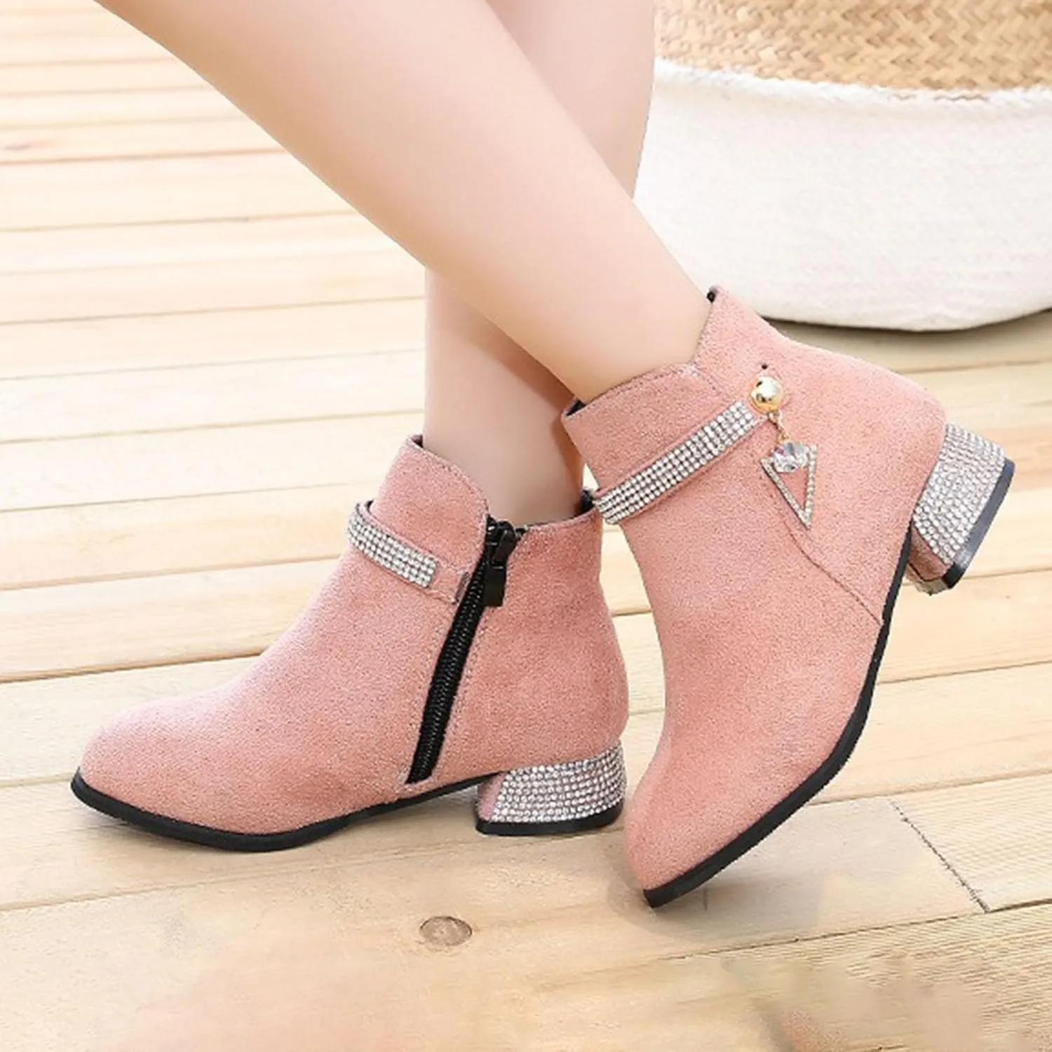 Kids Ankle Boots Short Suede Booties Fashion Anti-Slip Boots for Toddler/Little Kids Side Zipper Low Heels