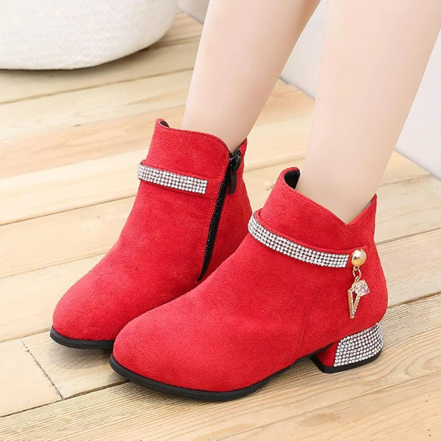 Kids Ankle Boots Short Suede Booties Fashion Anti-Slip Boots for Toddler/Little Kids Side Zipper Low Heels