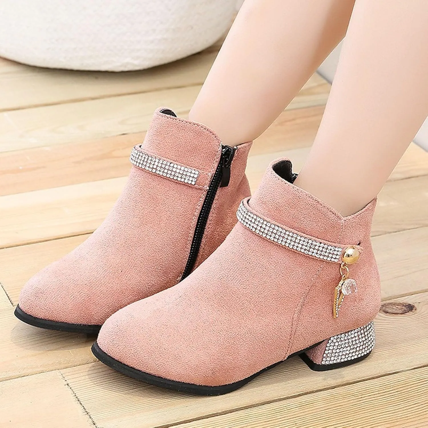 Kids Ankle Boots Short Suede Booties Fashion Anti-Slip Boots for Toddler/Little Kids Side Zipper Low Heels