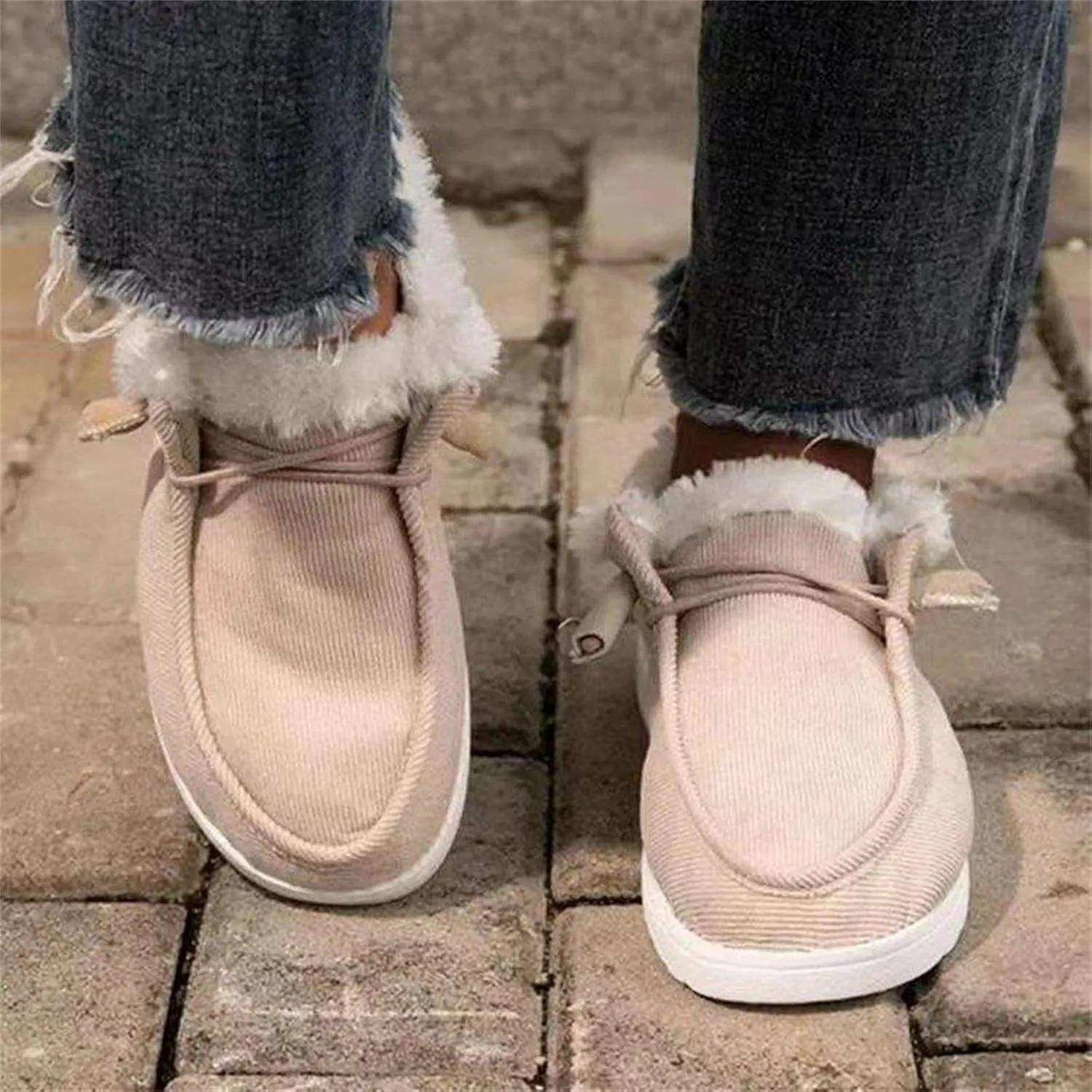 Ladmiple Boots for Women Ankle Booties with Fur Snow Boots Winter Warm Slip On Outdoor Comfortable Fashion Walking Shoes