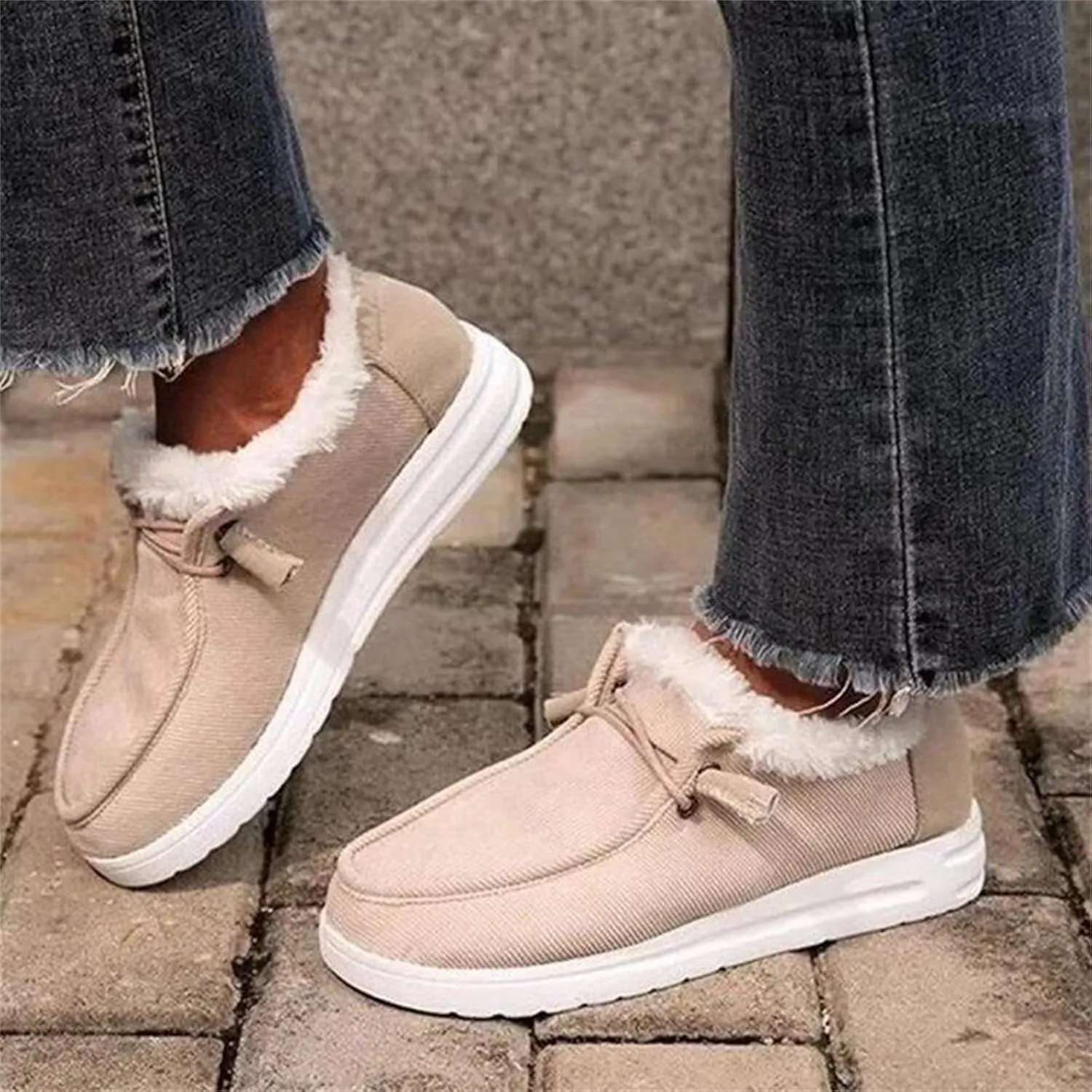 Ladmiple Boots for Women Ankle Booties with Fur Snow Boots Winter Warm Slip On Outdoor Comfortable Fashion Walking Shoes
