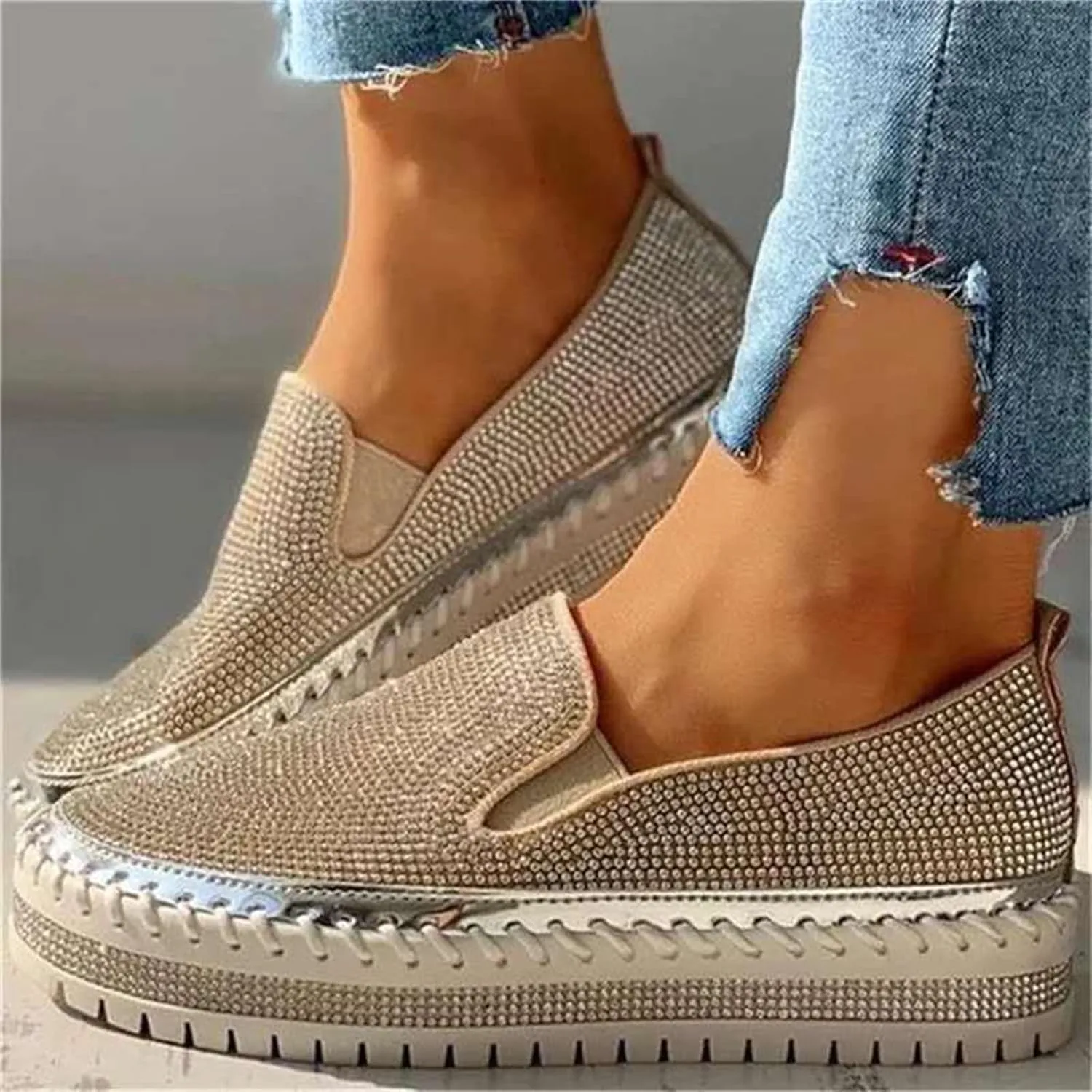 Ladmiple Sneakers For Women Walking Shoes Wide Width Glitter Sparkly Fashion Slip On Dressy Casual Summer Flats Loafers