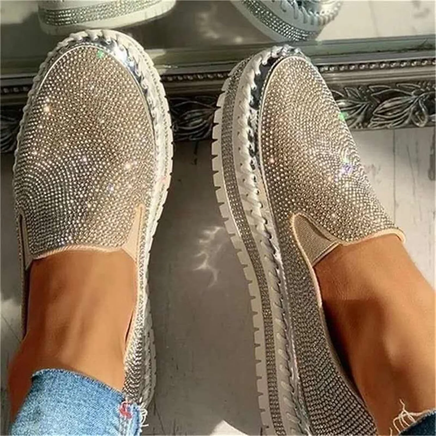 Ladmiple Sneakers For Women Walking Shoes Wide Width Glitter Sparkly Fashion Slip On Dressy Casual Summer Flats Loafers