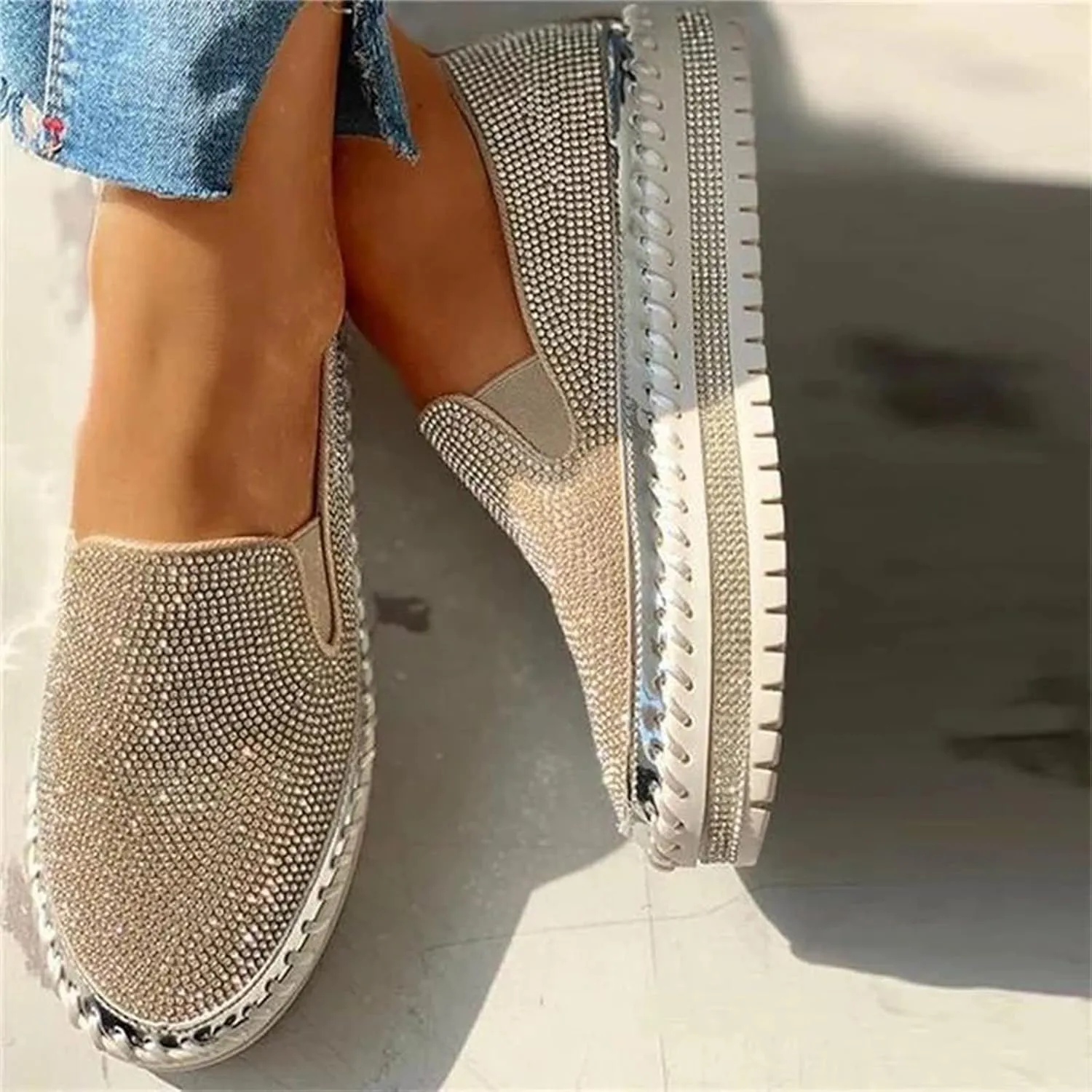 Ladmiple Sneakers For Women Walking Shoes Wide Width Glitter Sparkly Fashion Slip On Dressy Casual Summer Flats Loafers