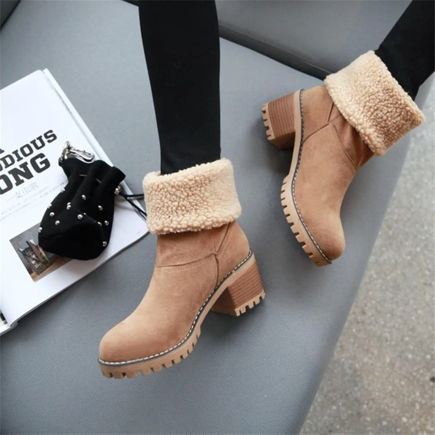 Ladmiple Winter Boots For Women Tall Mid Calf Warm Fur Lined Snow Boots Outdoor Fashion Comfortable Slip On Walking Shoes