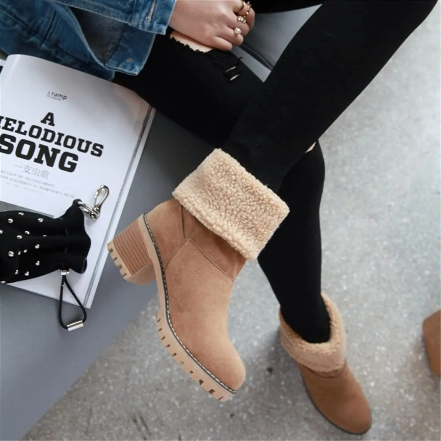 Ladmiple Winter Boots For Women Tall Mid Calf Warm Fur Lined Snow Boots Outdoor Fashion Comfortable Slip On Walking Shoes