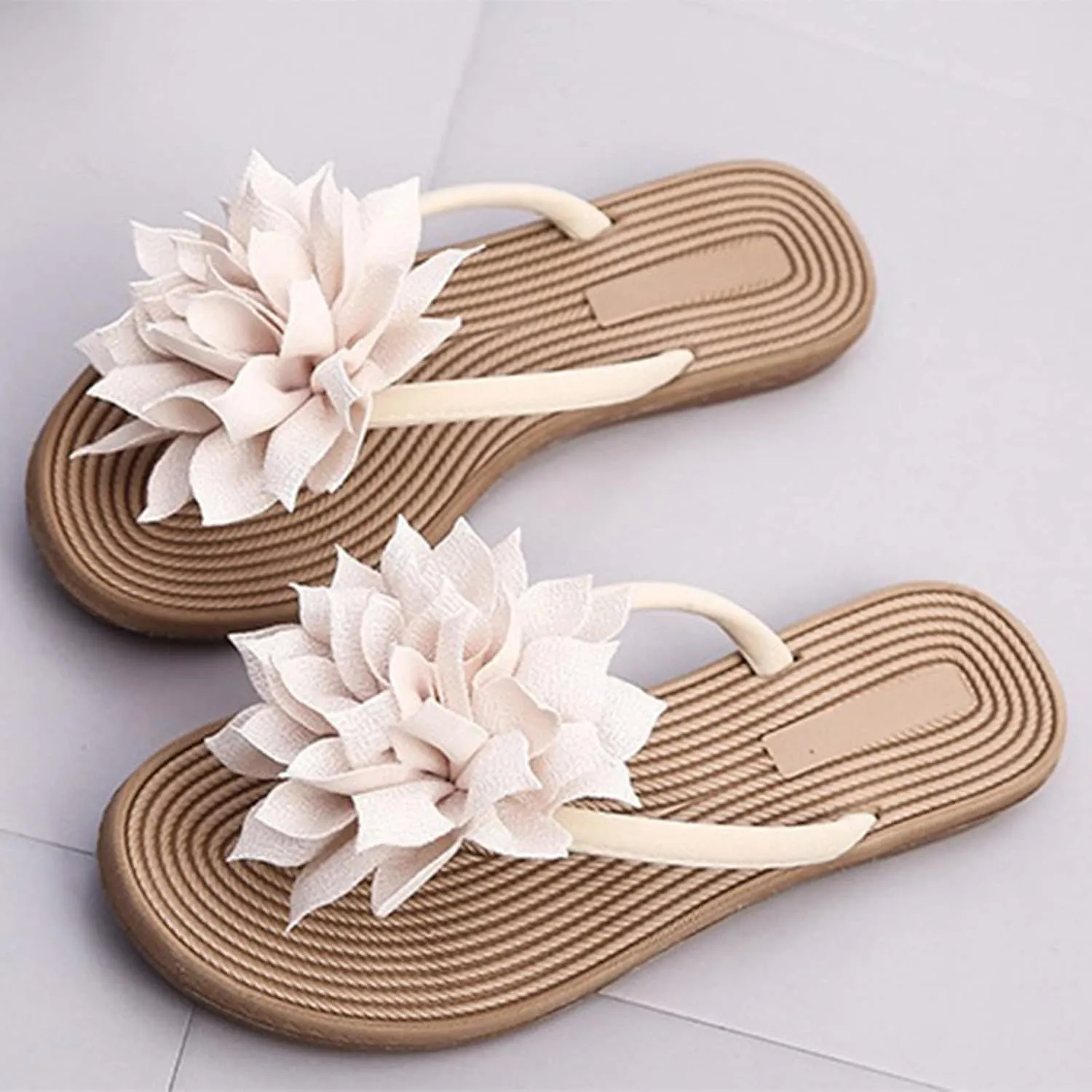 Lady Women Flowers Flat Flip Flops Beach Slippers Summer Casual Non-slip Slides Sandals T-strap Shoes