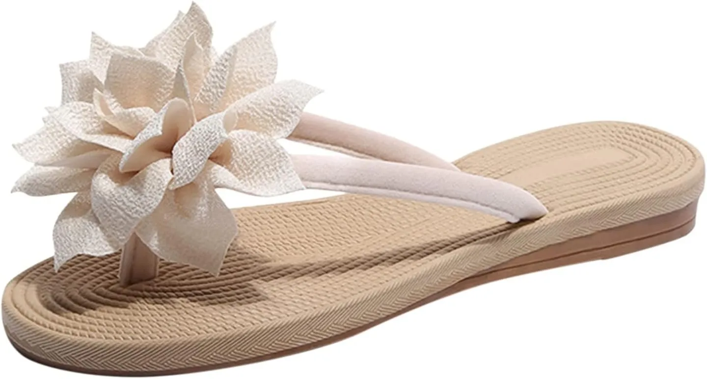Lady Women Flowers Flat Flip Flops Beach Slippers Summer Casual Non-slip Slides Sandals T-strap Shoes