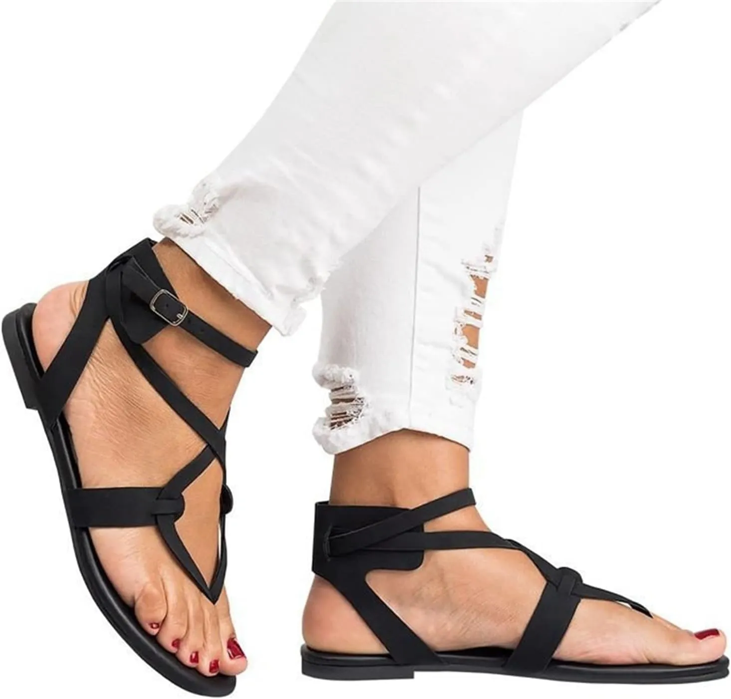 Lausiuoe Sandals Women Dressy Summer Flat Strappy Sandals String Thong Ankle Strap Open Toe Gladiator Comfortable Flip Flops