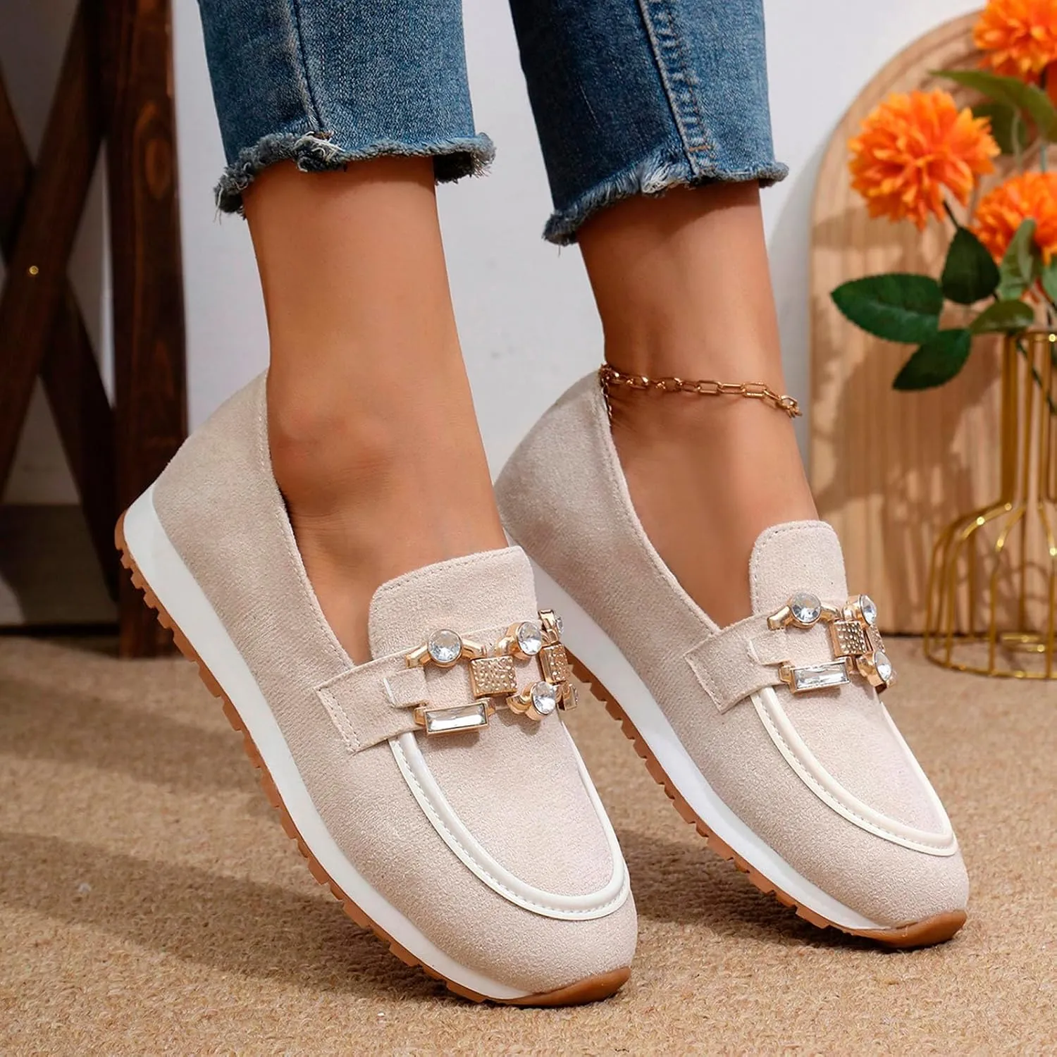 Leisure Women's Suede Soft Sole Non Slip Flat Breathable Slip On Lazy Shoes Size 5