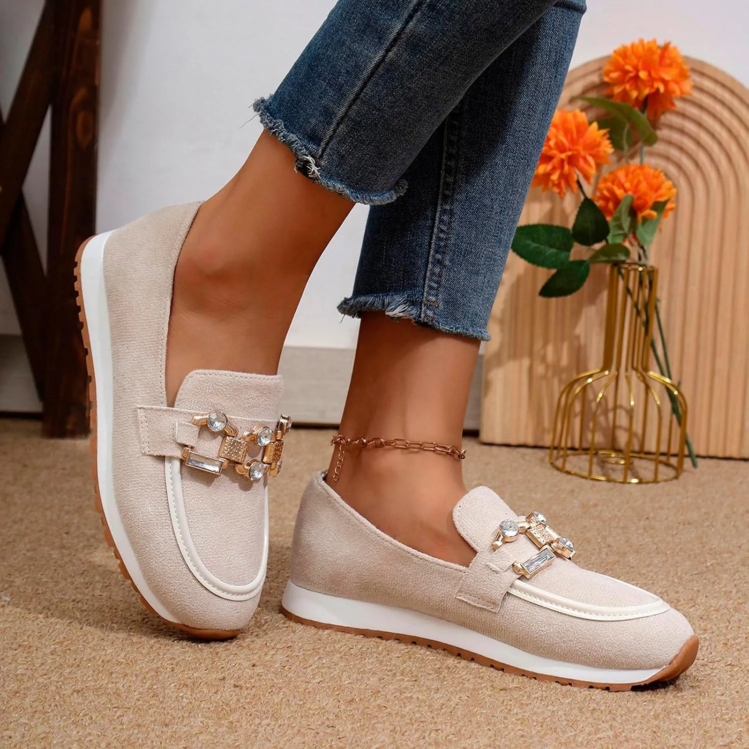 Leisure Women's Suede Soft Sole Non Slip Flat Breathable Slip On Lazy Shoes Size 5