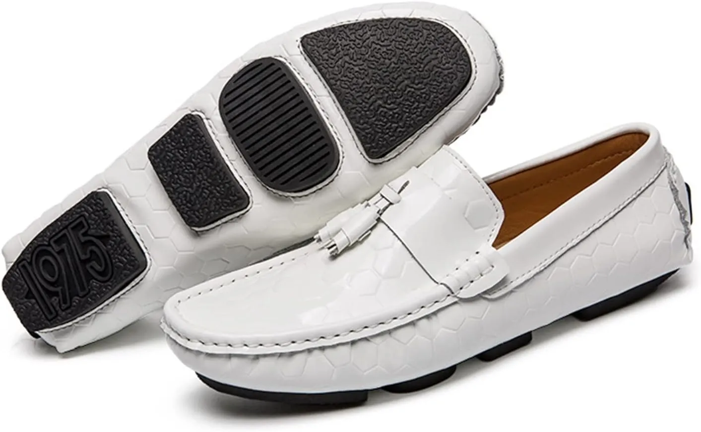 Loafer Shoes for Men Genuine Leather Round Toe Tassel Patent Leather Hexagon Embossed Soft Flexible Comfortable Walking Slip On for Any Attire