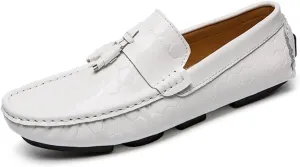 Loafer Shoes for Men Genuine Leather Round Toe Tassel Patent Leather Hexagon Embossed Soft Flexible Comfortable Walking Slip On for Any Attire