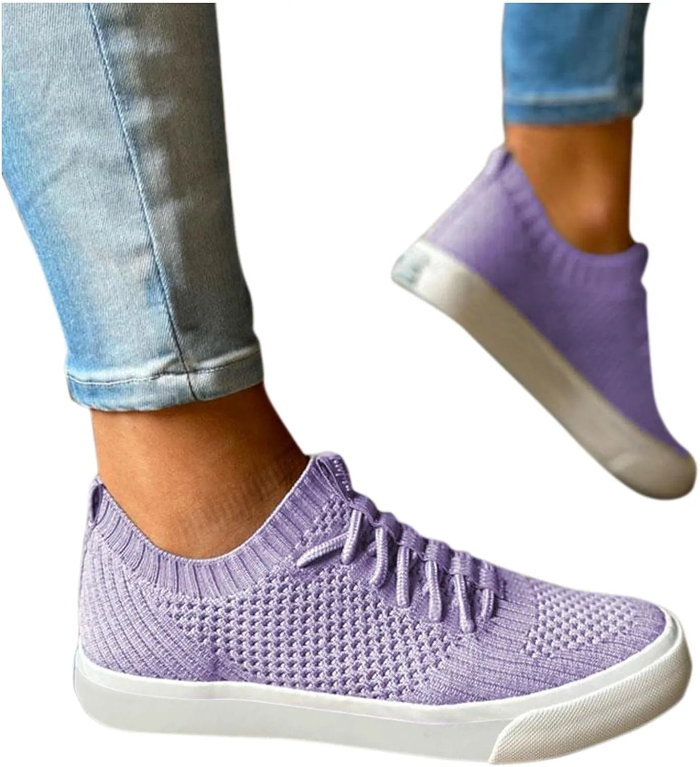 Masbird Sneakers for Women Walking Shoes Autumn Retro Knitted Loafers Fashion Slip On Canvas Running Shoes Purple