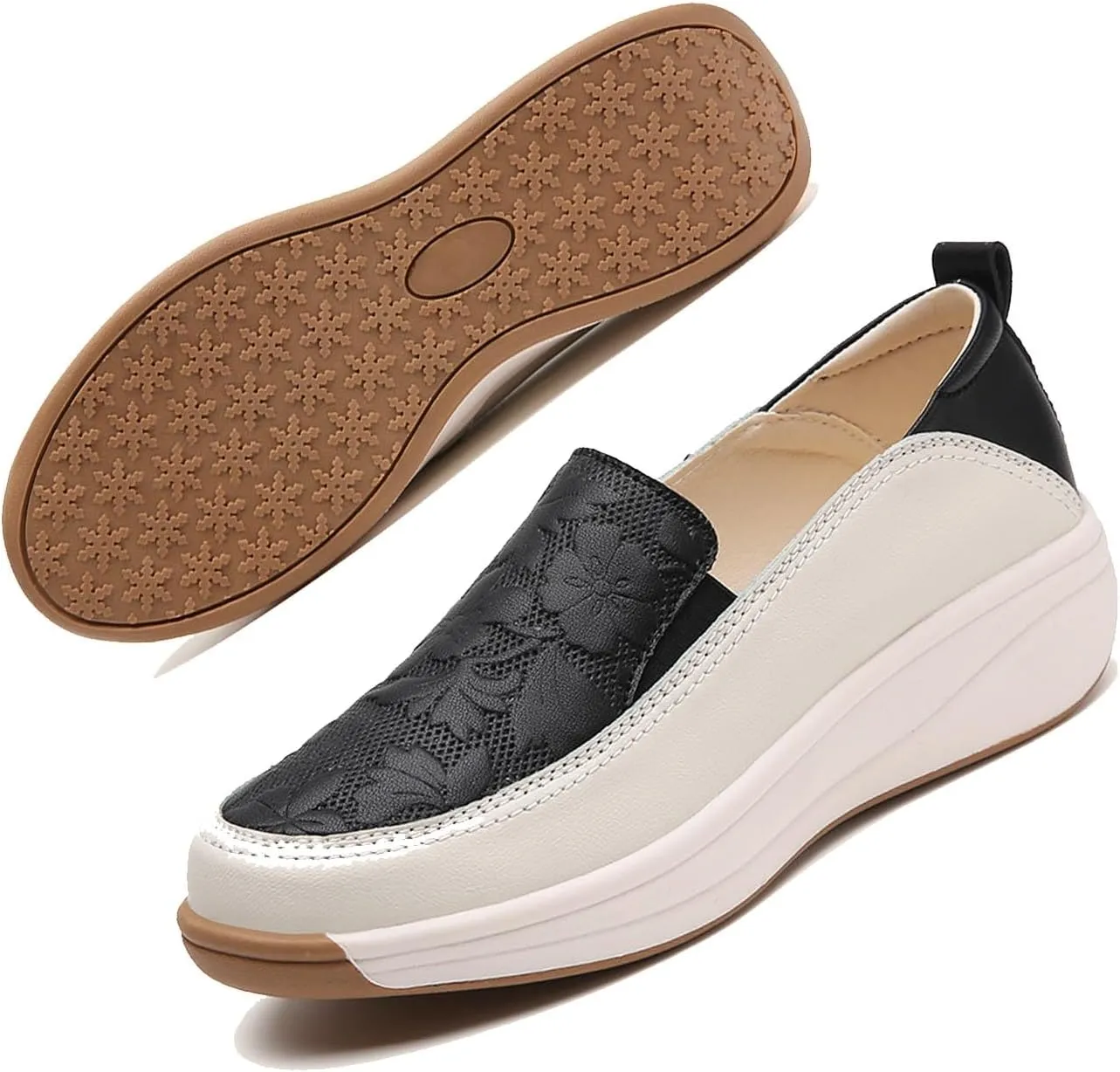 MEBAMY Women's Leather Soft Slip-On Loafers,Round Toe Platform Casual Sneakers,Non-Slip Heighten Low Top Comfortable Walking Loafers Black