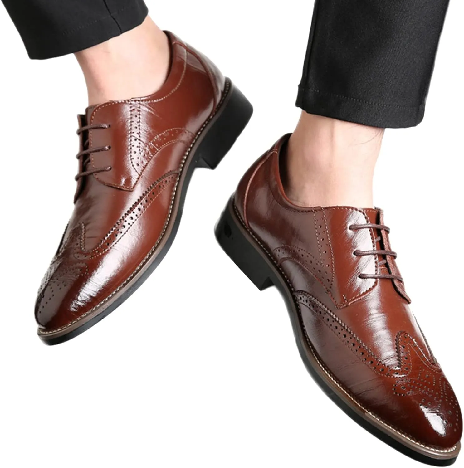 Men's Breathable Oxfords Shoes Casual Wingtip Oxfords Men Arch Support Walking Leather Shoes Supple Business Formal Shoe Retro Dress Brogues Low Heel Lace Up Moatto Leather Derby Shoe