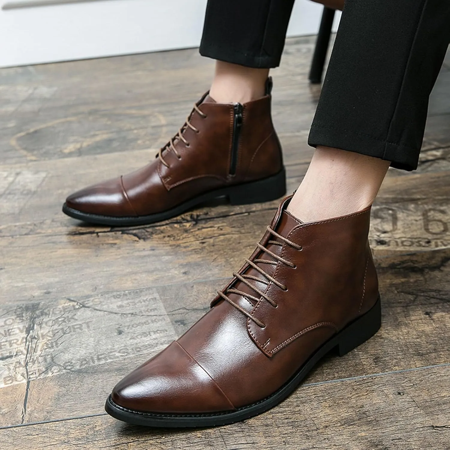 Mens Business Ankle Boots with Zipper Supple Formal Dress Shoes with Arch Support Low Heel Comfort Leather Boots for Men Lined Matte Shoe Durable Cap Toe Leather Footwear for Daily Work