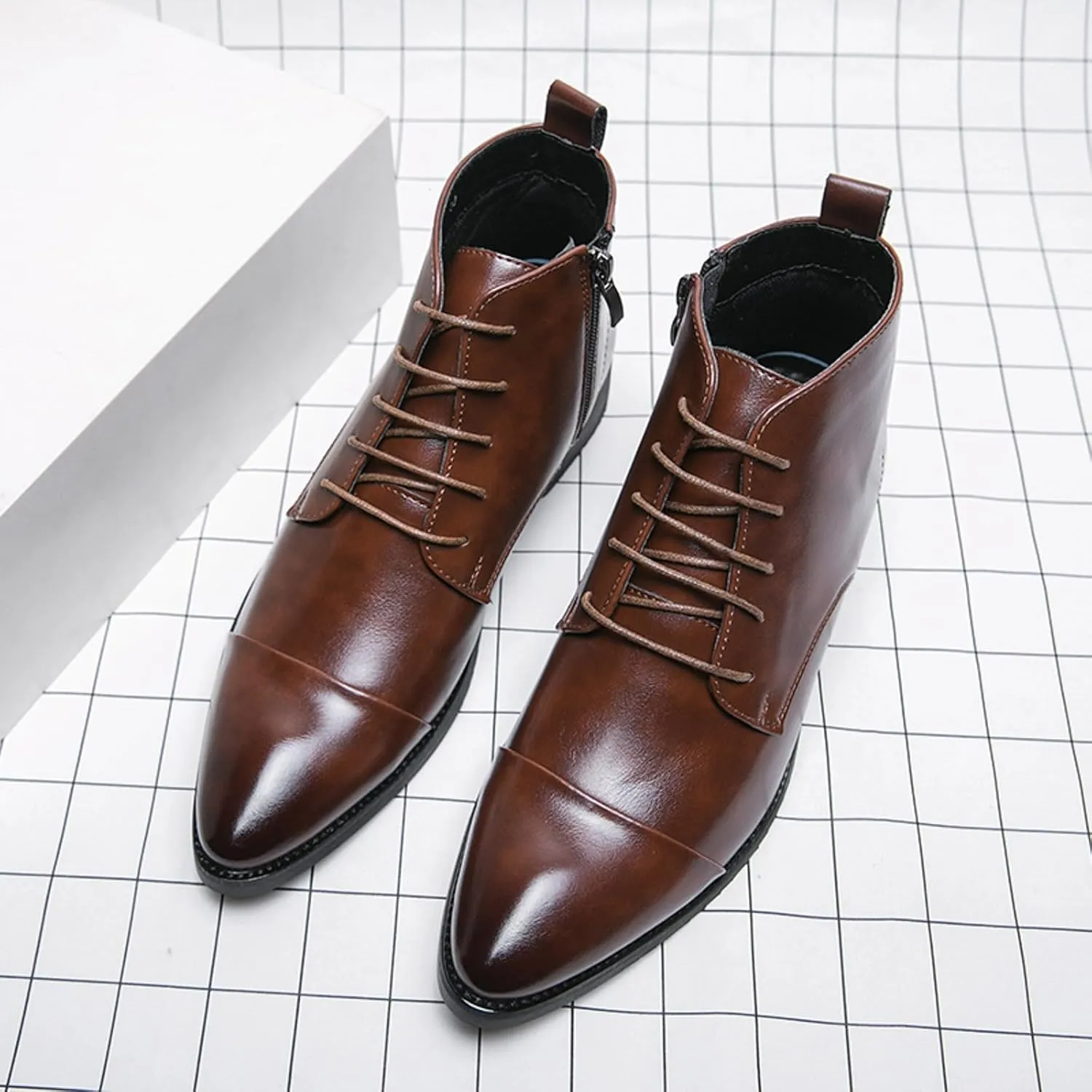 Mens Business Ankle Boots with Zipper Supple Formal Dress Shoes with Arch Support Low Heel Comfort Leather Boots for Men Lined Matte Shoe Durable Cap Toe Leather Footwear for Daily Work