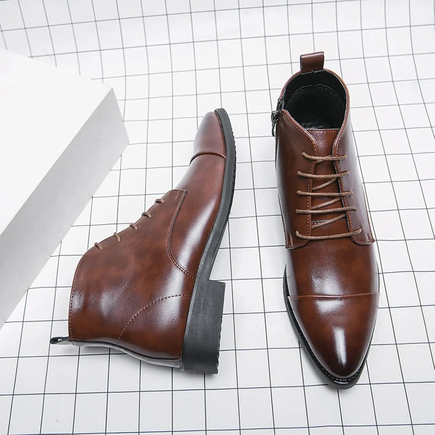 Mens Business Ankle Boots with Zipper Supple Formal Dress Shoes with Arch Support Low Heel Comfort Leather Boots for Men Lined Matte Shoe Durable Cap Toe Leather Footwear for Daily Work