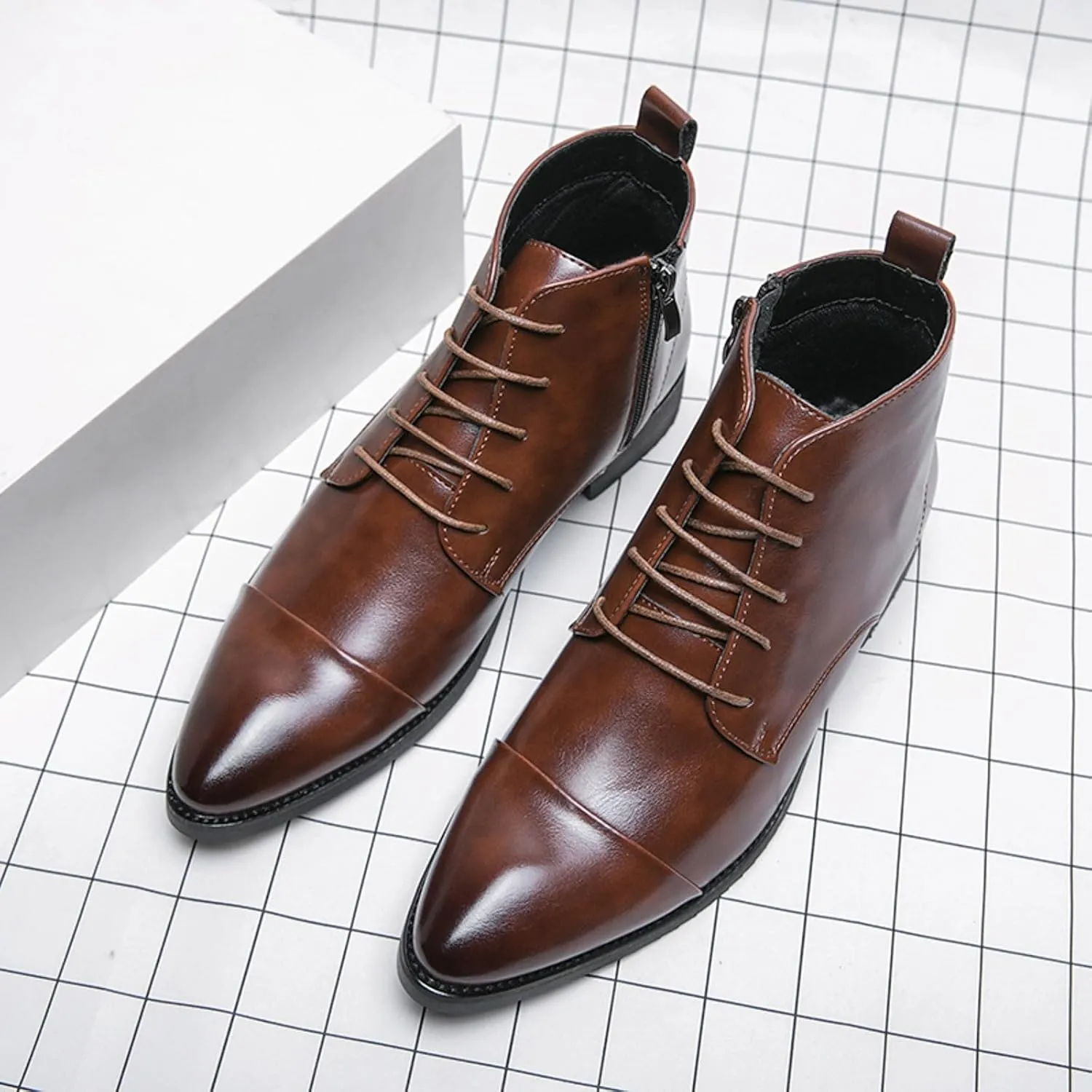 Mens Business Ankle Boots with Zipper Supple Formal Dress Shoes with Arch Support Low Heel Comfort Leather Boots for Men Lined Matte Shoe Durable Cap Toe Leather Footwear for Daily Work