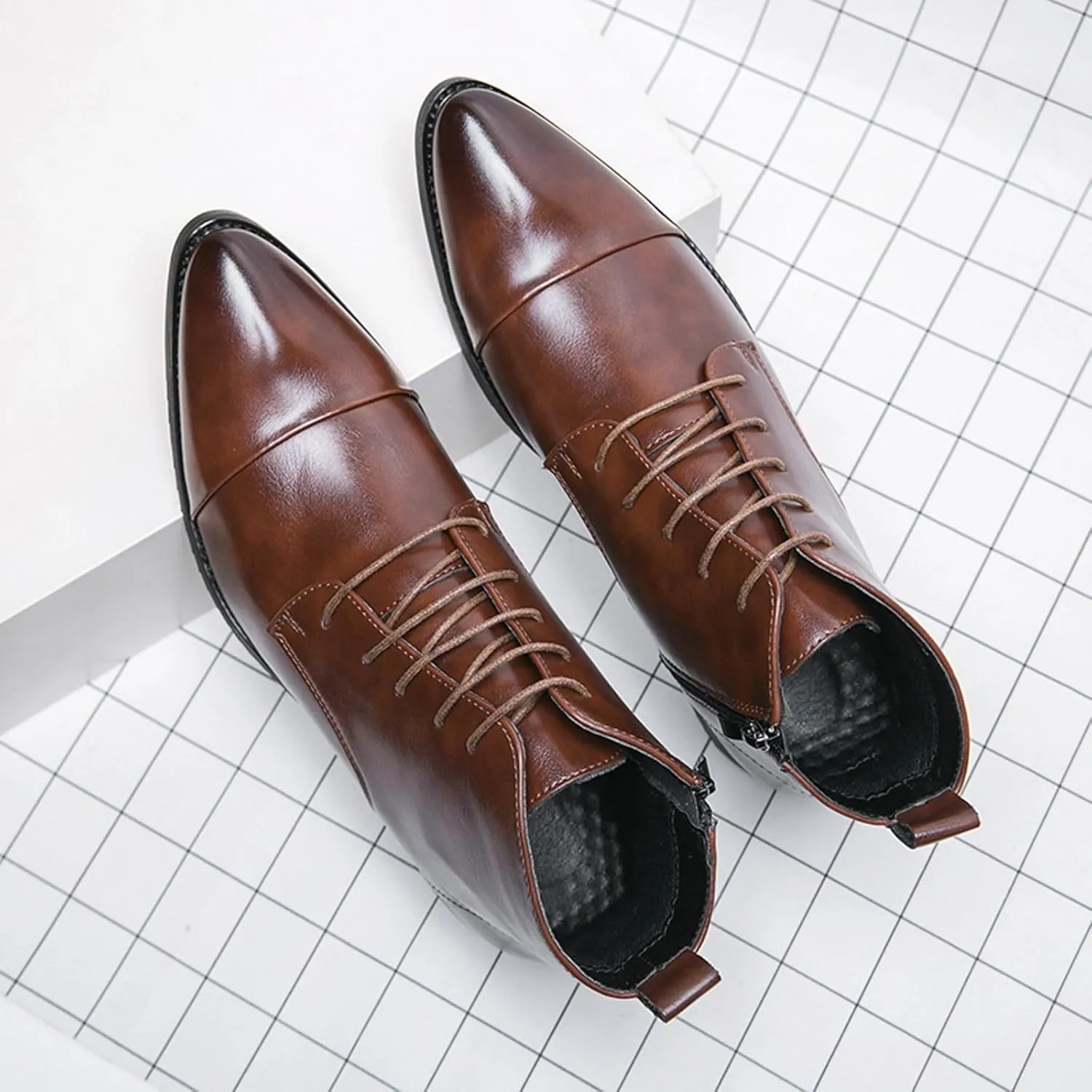 Mens Business Ankle Boots with Zipper Supple Formal Dress Shoes with Arch Support Low Heel Comfort Leather Boots for Men Lined Matte Shoe Durable Cap Toe Leather Footwear for Daily Work