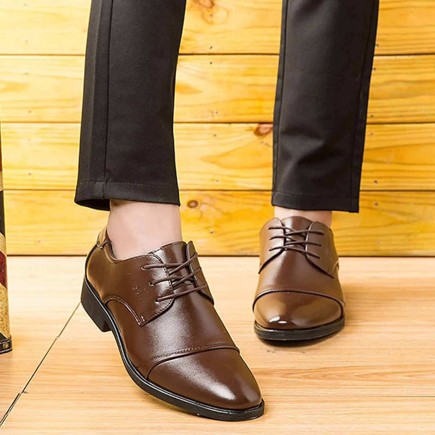 Men's Business Casual Shoes Size 15 Fashion Summer and Autumn Men Leather Shoes Low Heel Pointed Toe Lace Up Solid Color Simple British Style Men Dress Shoes Wide Width Black