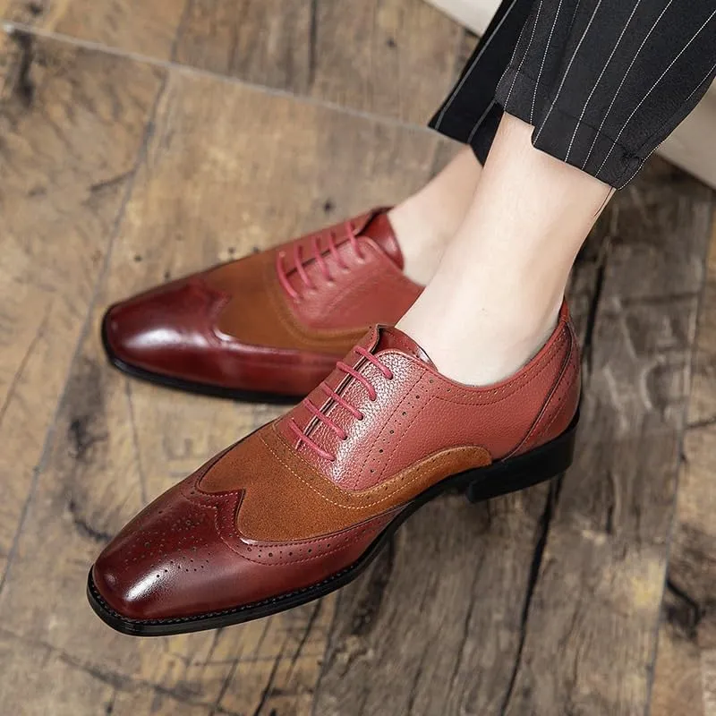 Men's Business Lace-up Work Shoes Fashionable Red Patchwork Dress Shoes Men Classic Print Breathable Oxfords