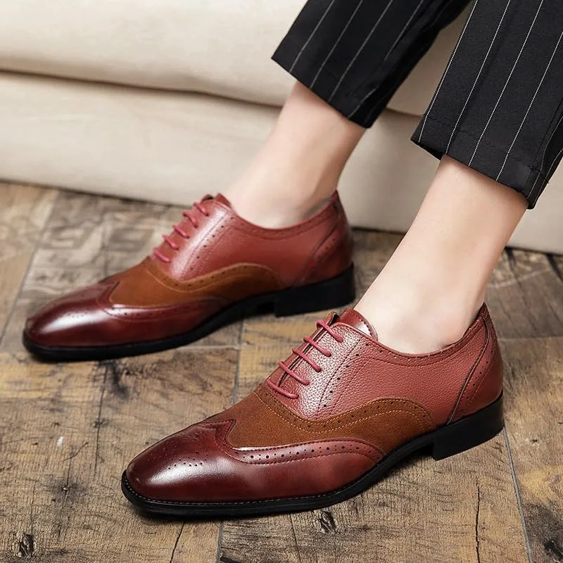 Men's Business Lace-up Work Shoes Fashionable Red Patchwork Dress Shoes Men Classic Print Breathable Oxfords