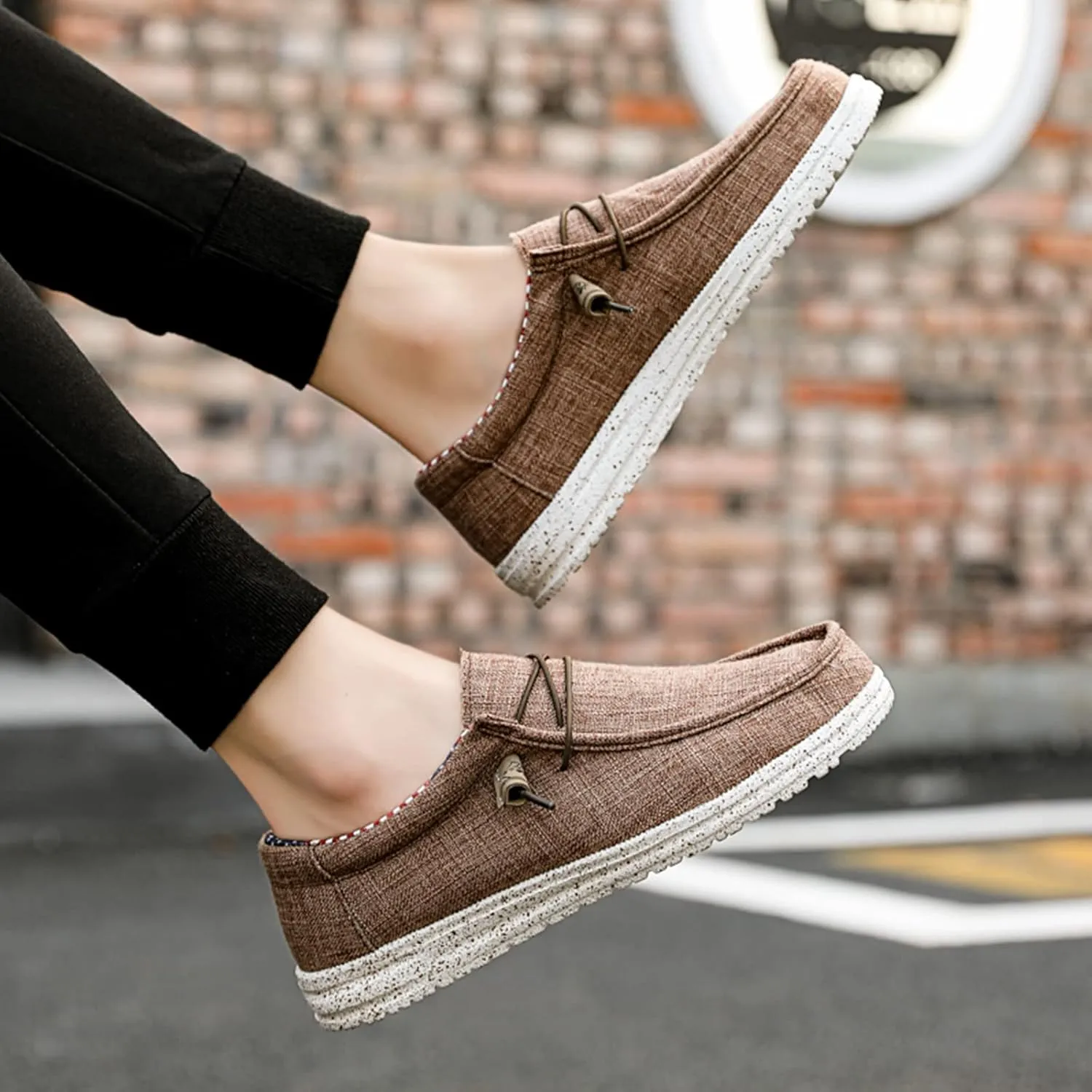 Men's Canvas Slip On Lace up Loafers,Causal Comfortable Soft Sole Driving Walking Shoes Outdoor Lightweight Breathable Work Boat Shoes
