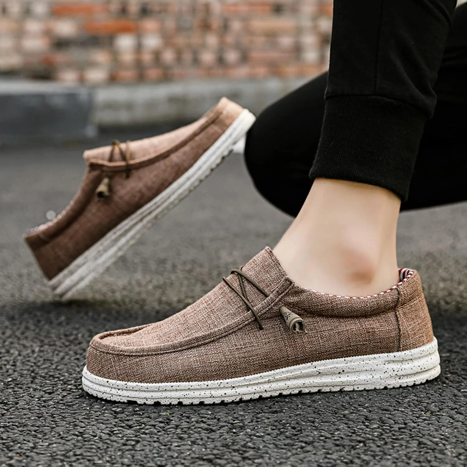 Men's Canvas Slip On Lace up Loafers,Causal Comfortable Soft Sole Driving Walking Shoes Outdoor Lightweight Breathable Work Boat Shoes
