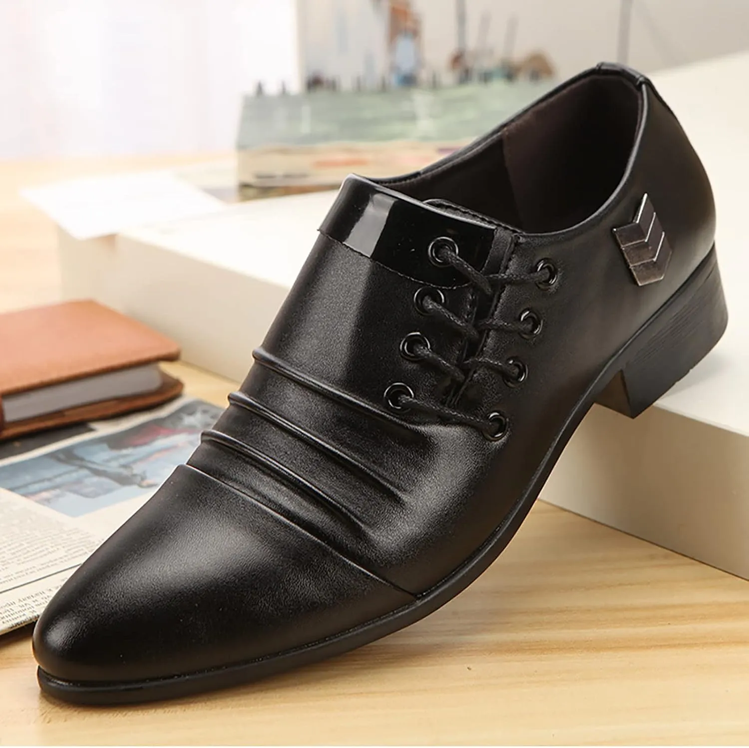 Mens Casual Oxfords Side Lace up Oxfords Shoes Durable Leather Shoes for Men with Low Heel Supple Business Formal Shoe Waterproof Leather Boots for Men Daily Work Footwear Man