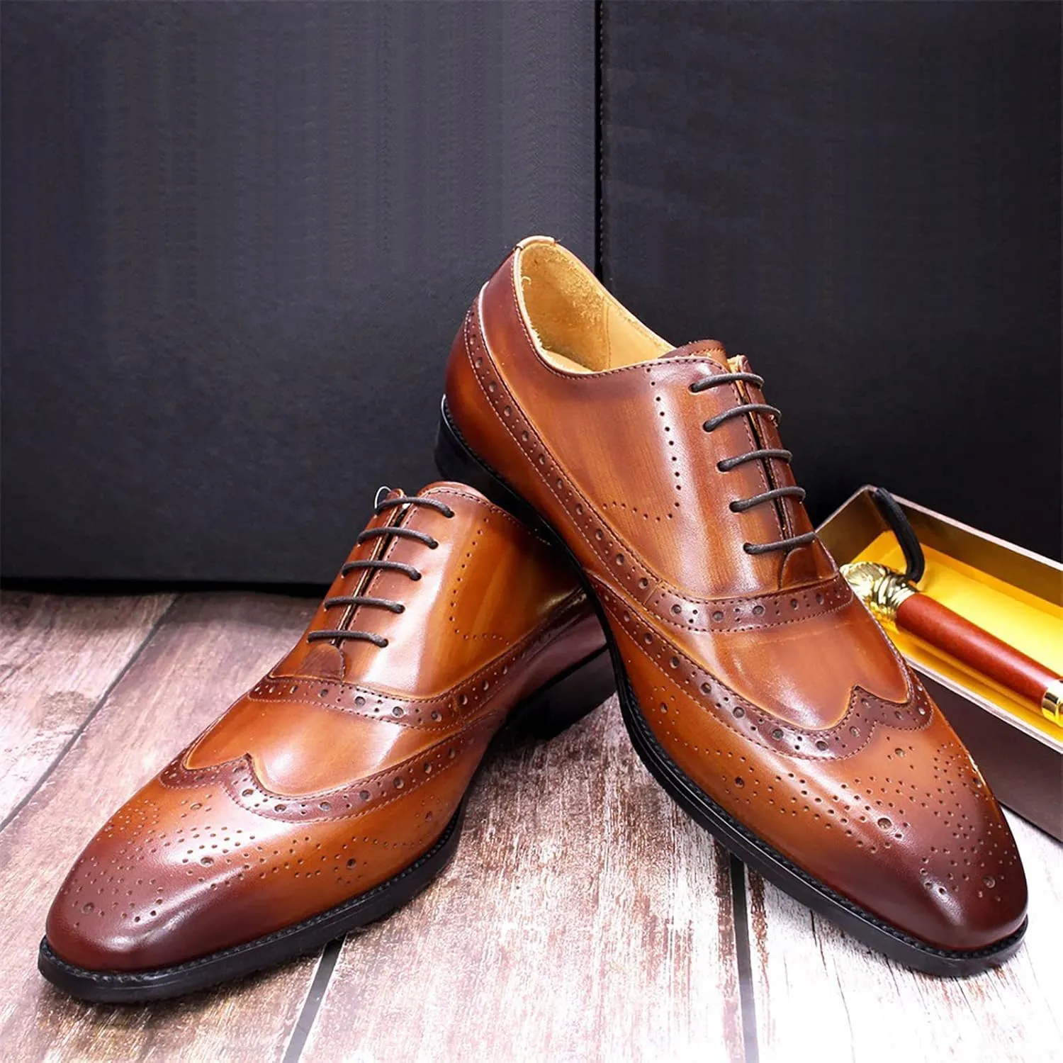 Mens Formal Leather Lace-up Brogues Business Casual Dress Oxfords Wedding Party Derbys Breathable,Brown-38