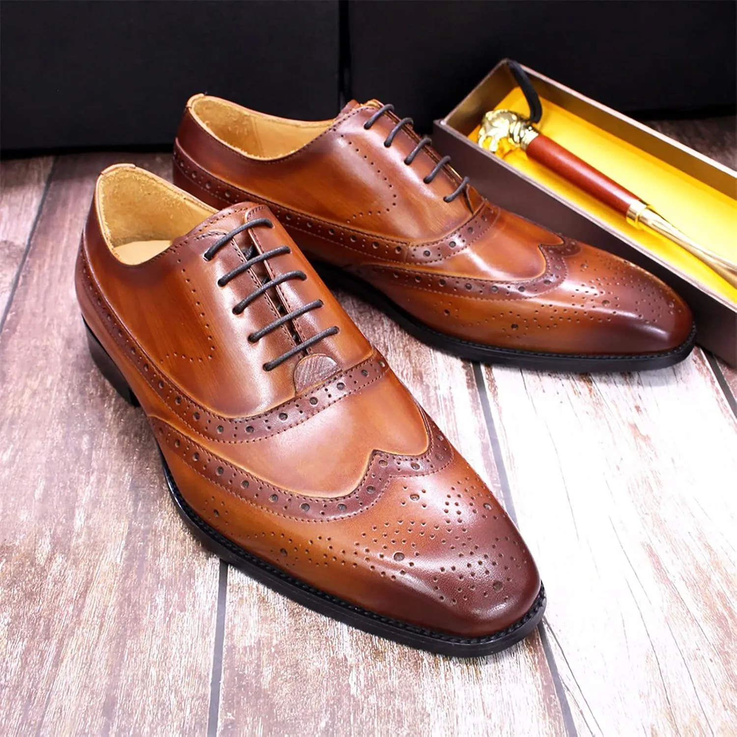 Mens Formal Leather Lace-up Brogues Business Casual Dress Oxfords Wedding Party Derbys Breathable,Brown-38